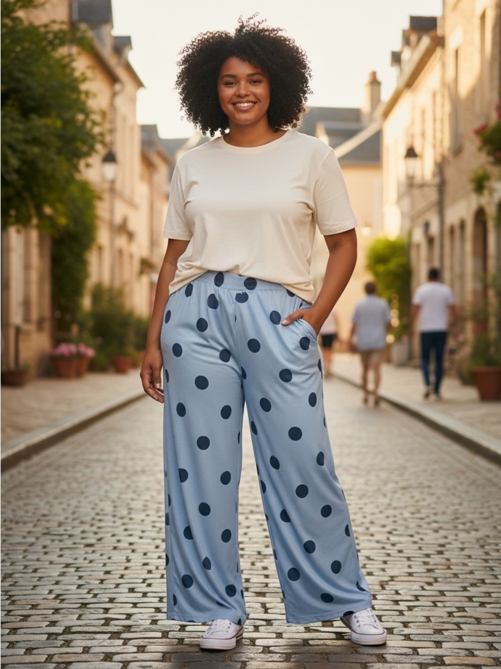 Wide Leg Polka Dot Pants - Blue/Navy
